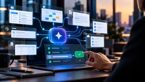 Profissional supervisionando um agente de inteligência artificial conectado a e-mail, calendário, documentos, banco de dados e outros sistemas, com uma etapa de aprovação humana.
