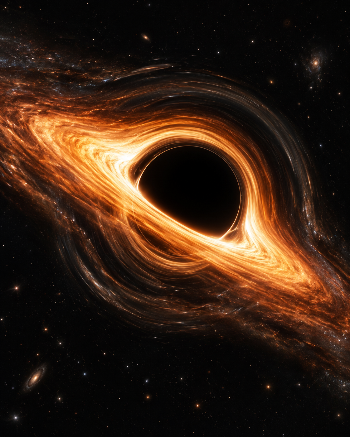 Ilustração conceitual gerada com IA de um buraco negro cercado por um disco luminoso de material aquecido.