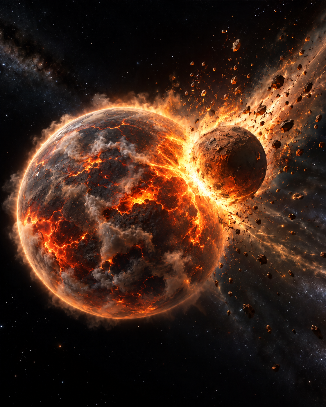 Ilustração artística gerada com IA de uma colisão na Terra primitiva, com material incandescente lançado ao espaço.