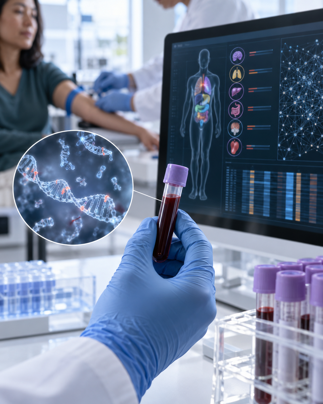 Ilustração conceitual de uma coleta de sangue e análise computacional de fragmentos de DNA em laboratório.