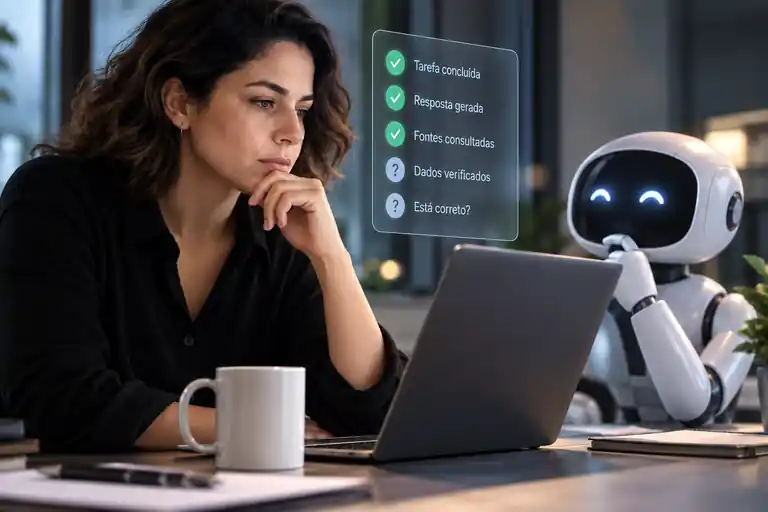 Mulher analisando um laptop ao lado de um robô assistente, com um checklist holográfico sobre verificação de resultados de IA.