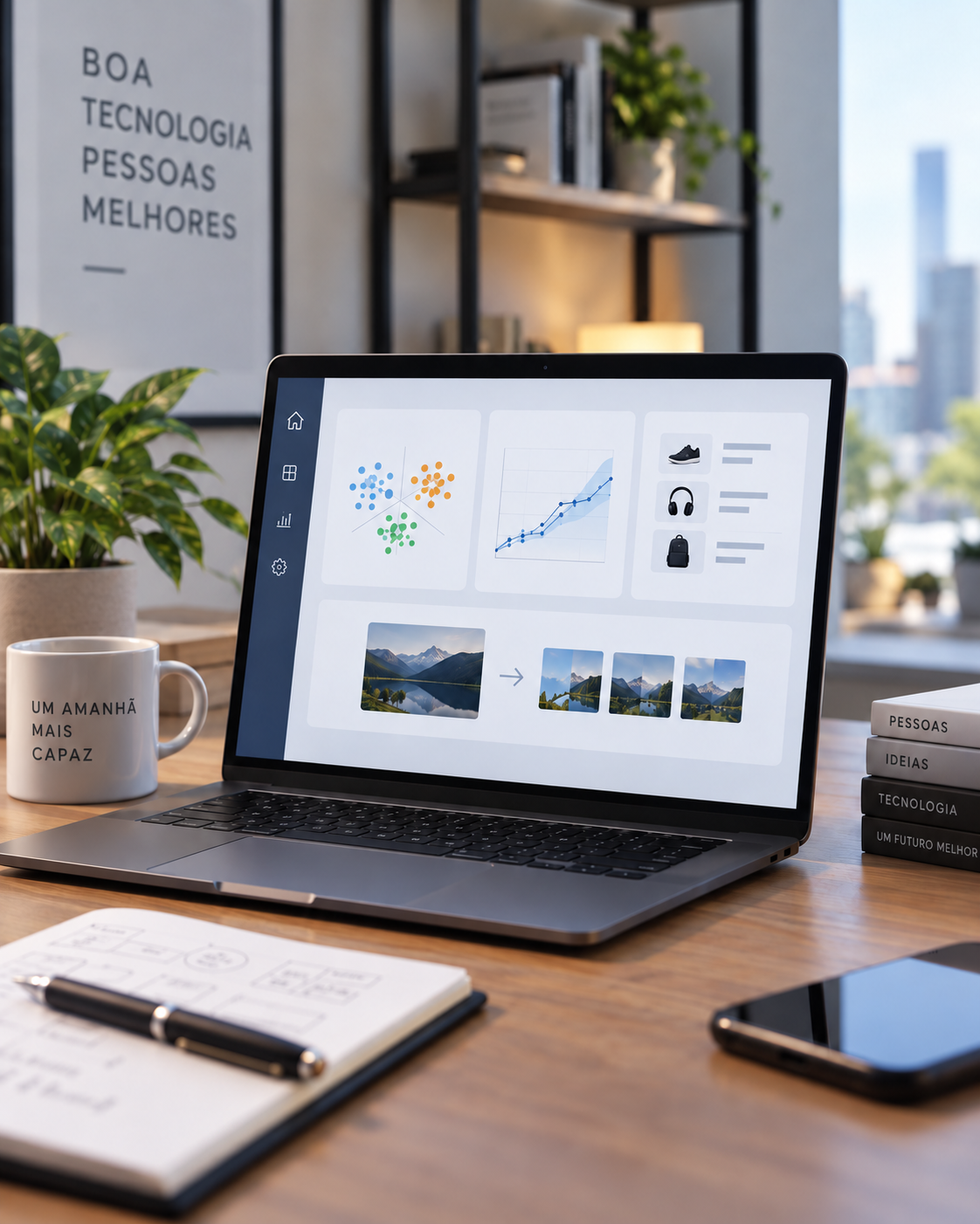 Imagem conceitual gerada com IA de um ambiente de trabalho com computador, representando diferentes aplicações de inteligência artificial.