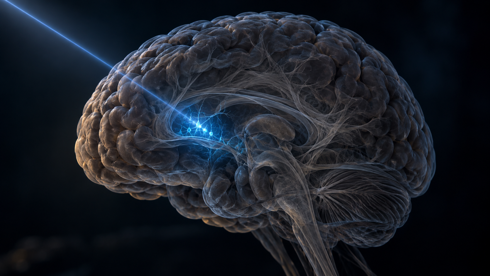 Representação conceitual de um feixe de luz ativando neurônios no cérebro.