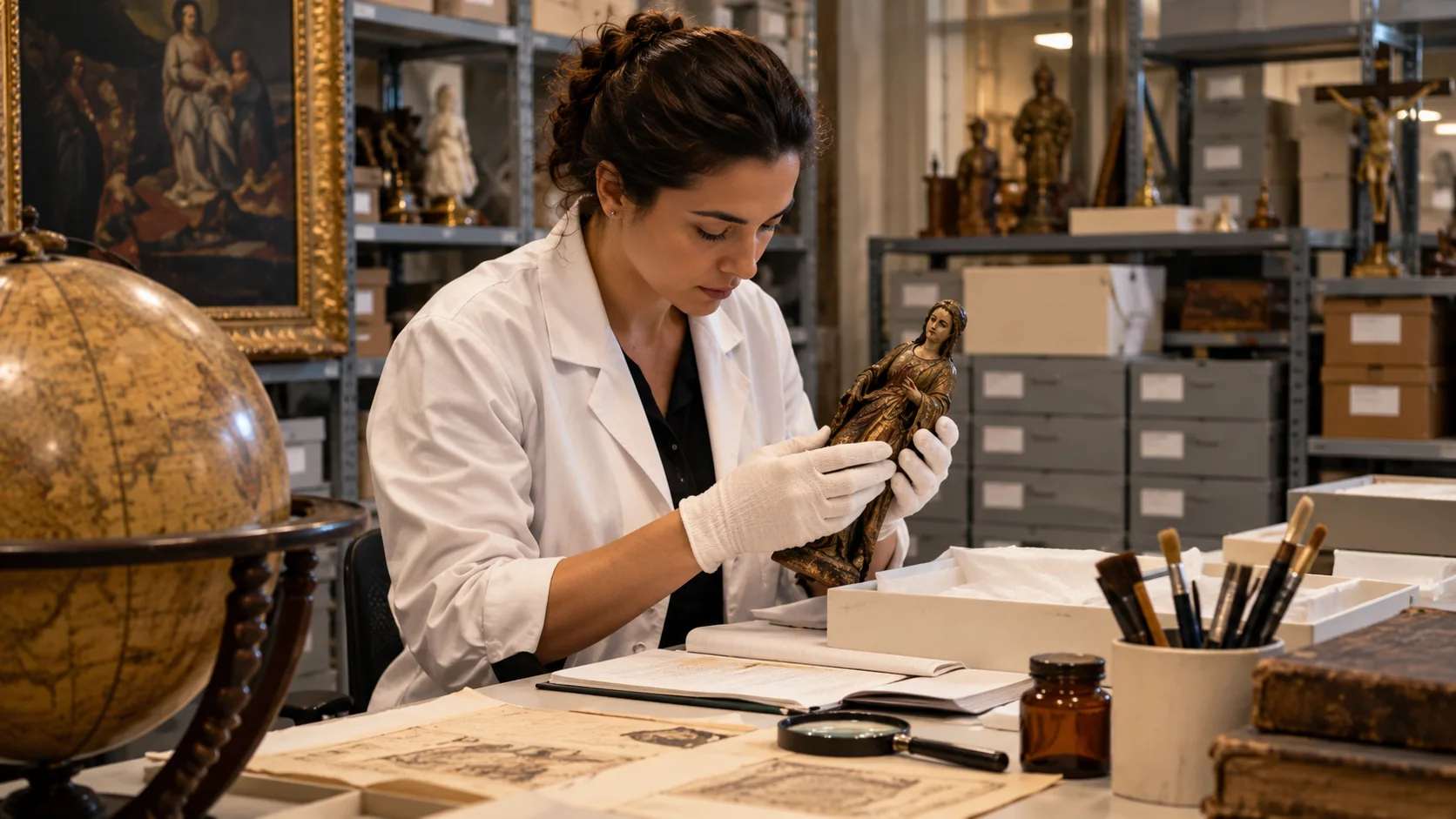 Ilustração de uma conservadora com luvas examinando um objeto histórico em uma reserva técnica de museu, cercada de caixas, instrumentos científicos e coleções.